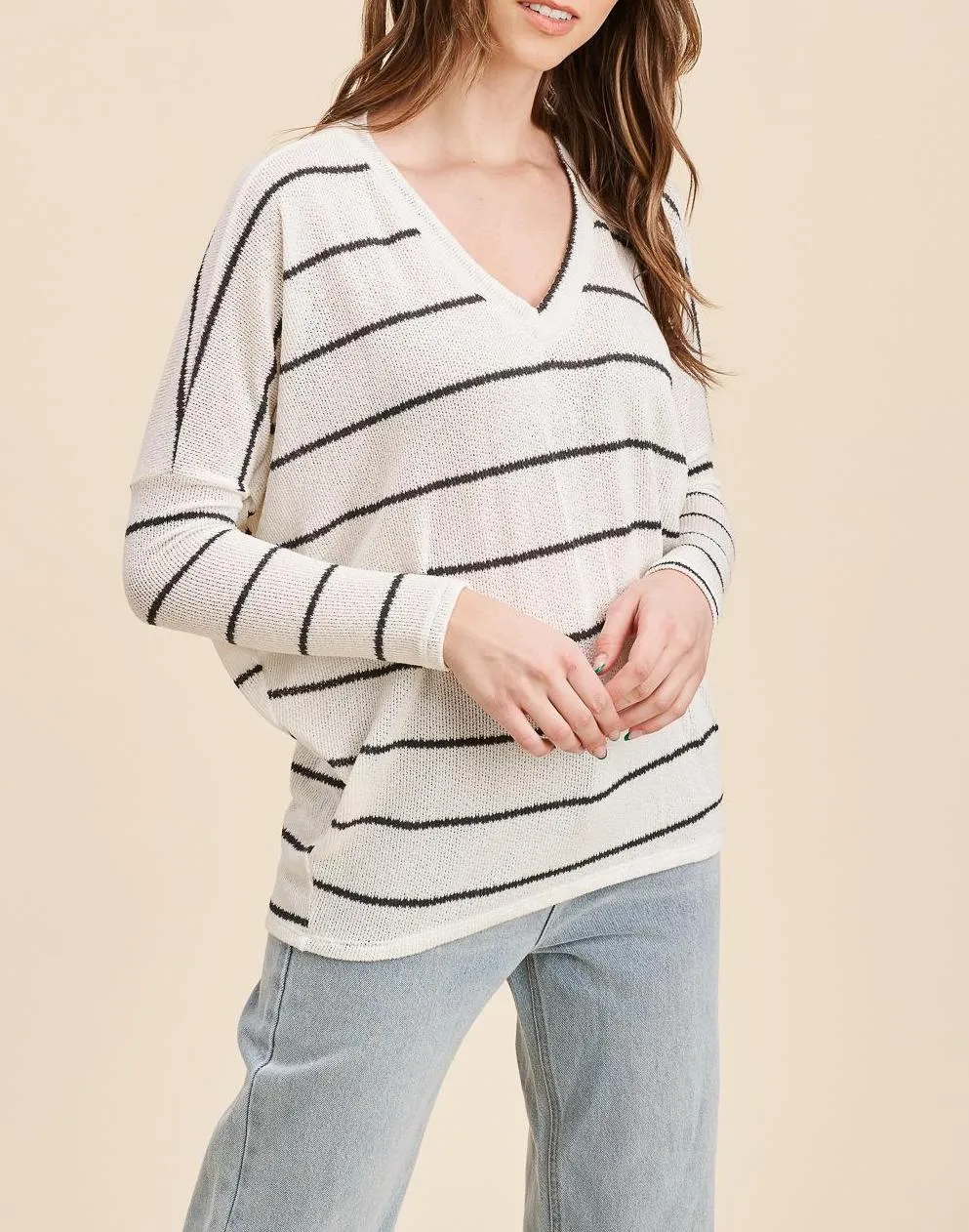 Striped V-Neck Long Sleeve Dolman Top (Assorted Colors)