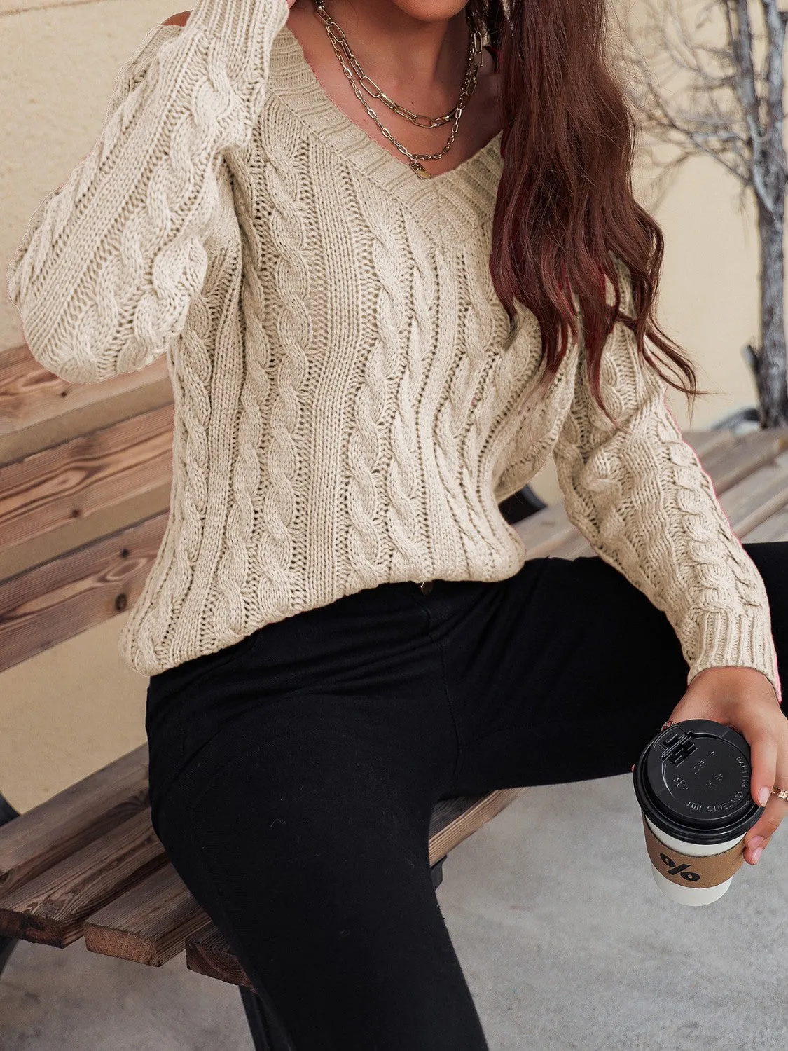 TEEK - Honey Cable-Knit V-Neck Cold Shoulder Sweater