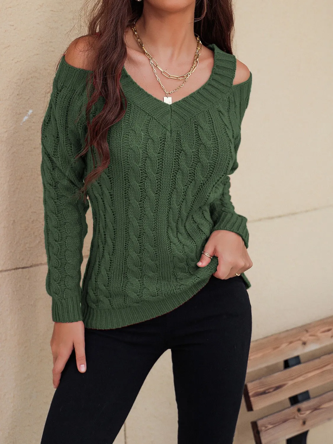 TEEK - Honey Cable-Knit V-Neck Cold Shoulder Sweater