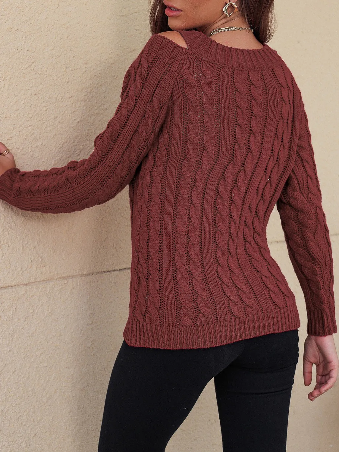 TEEK - Honey Cable-Knit V-Neck Cold Shoulder Sweater