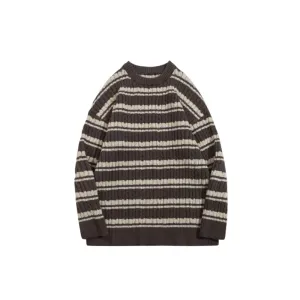 Textured Ribbed Two-Tone Striped Crew Neck Sweater