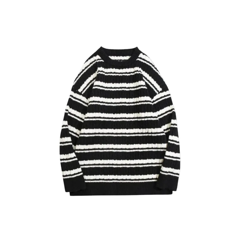 Textured Ribbed Two-Tone Striped Crew Neck Sweater