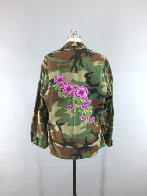 Vintage Air Force Embroidered Camouflage Jacket / Magenta Pink Floral Embroidery Camo