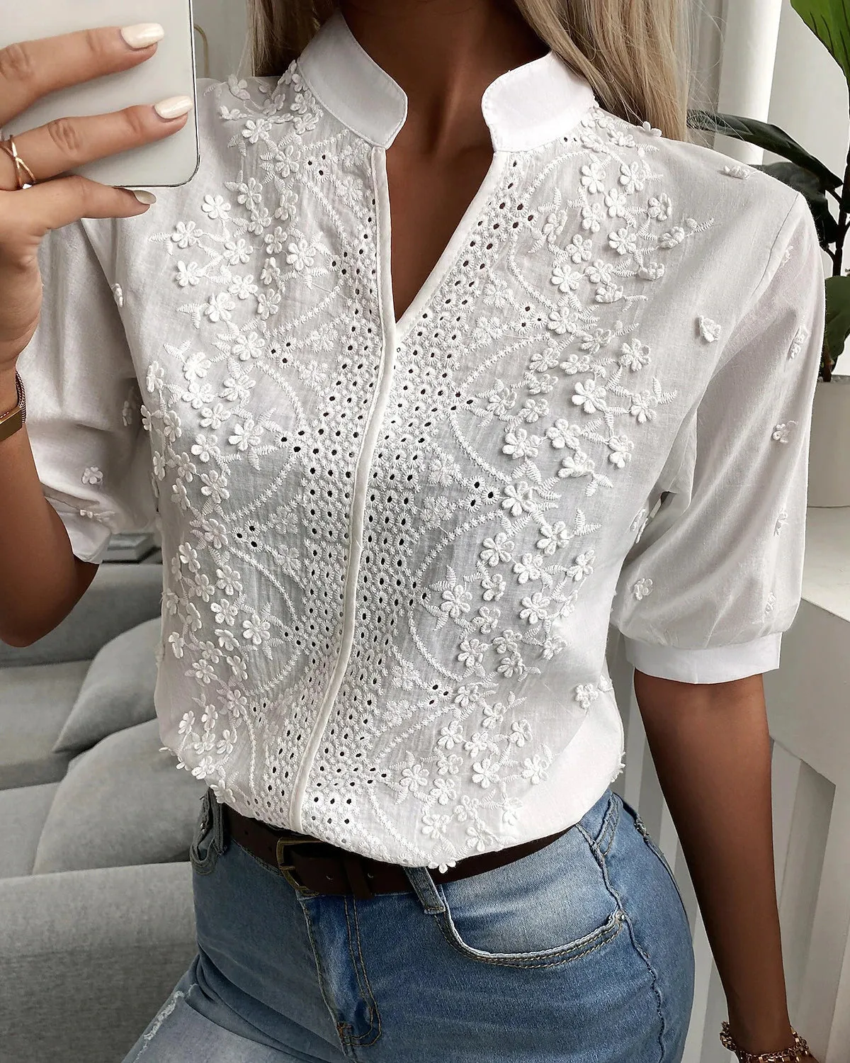 WHITE EMBROIDERED EYELET BLOUSE