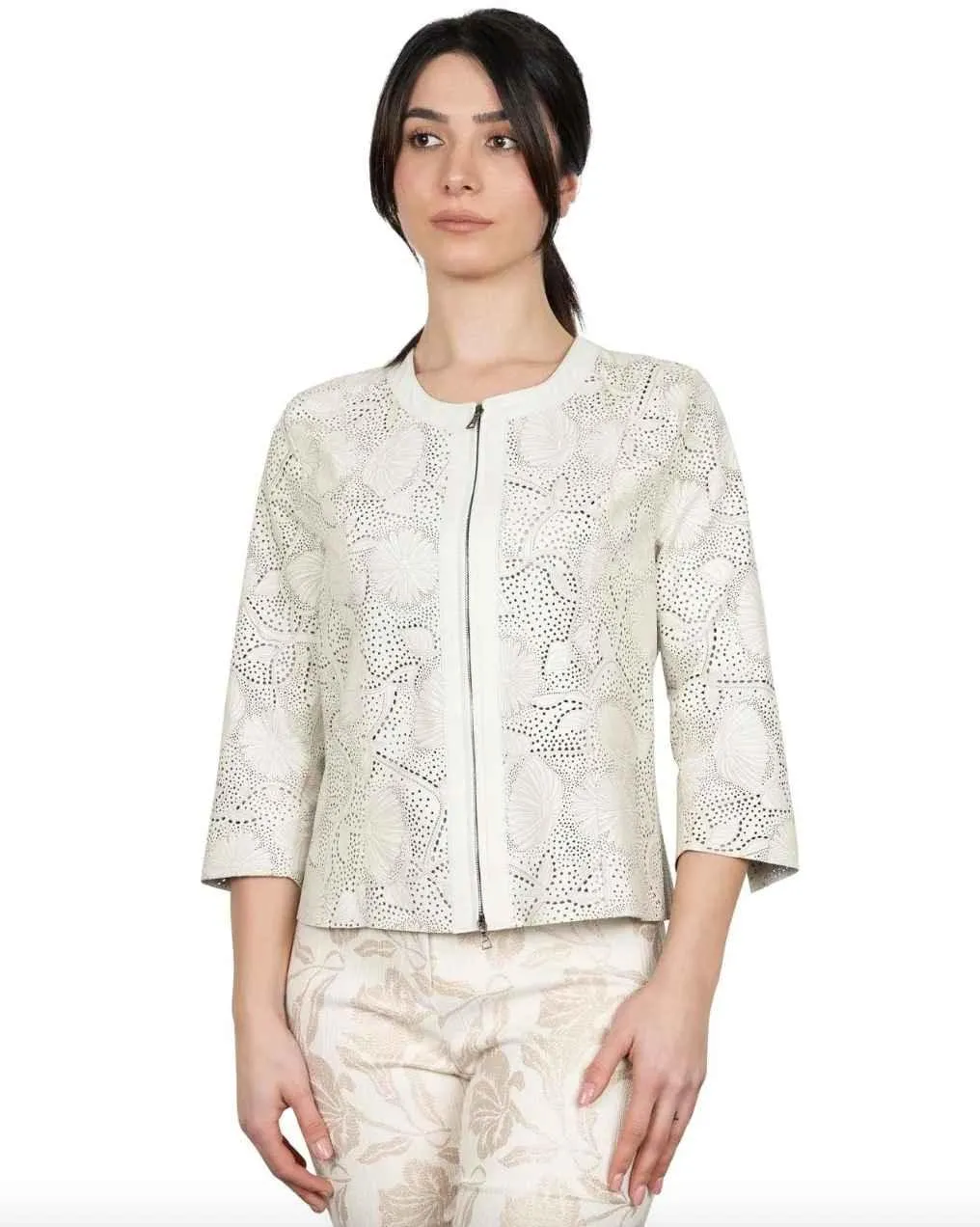 Womens Floral Laser Cut Short Leather Jacket