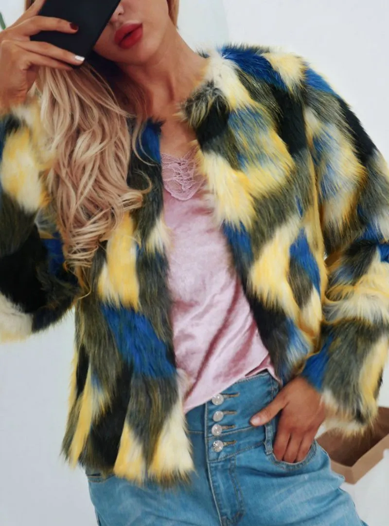 Women's Fur Coat Short Contrast Colorful Coat