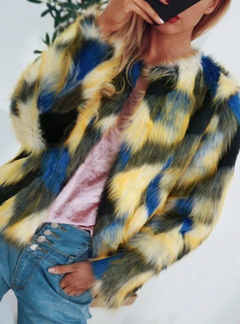 Women's Fur Coat Short Contrast Colorful Coat