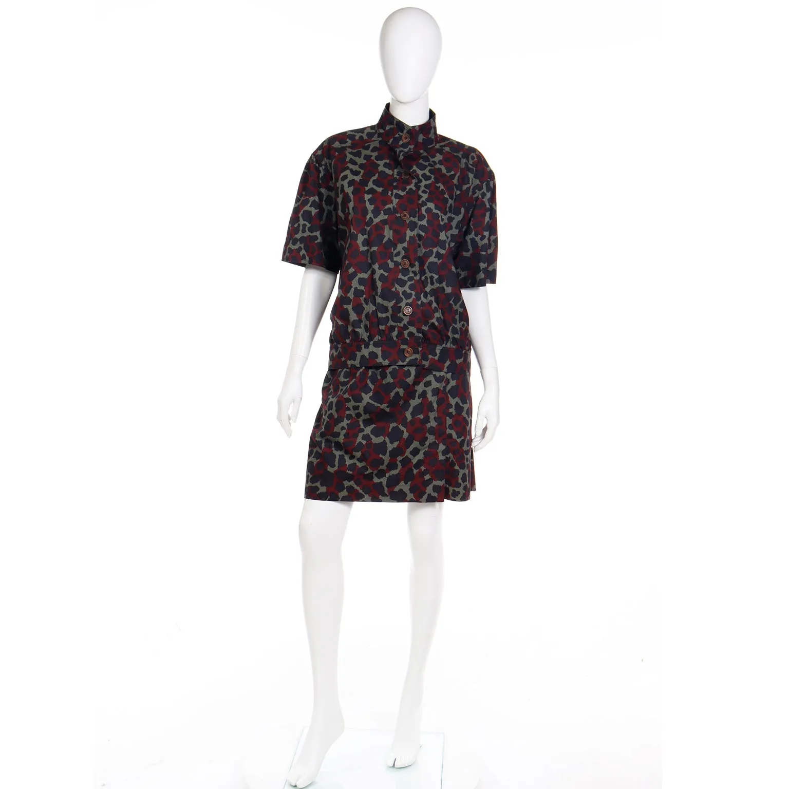 Yves Saint Laurent Vintage Green & Burgundy Camouflage Top & Skirt Ensemble